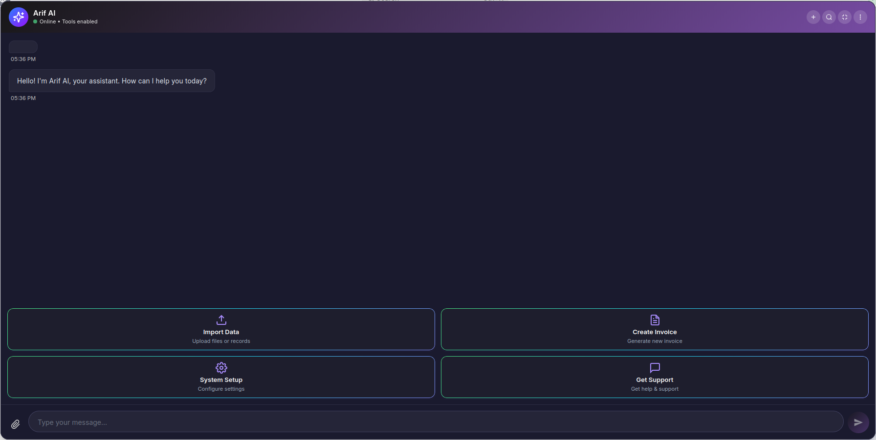 Arif AI Chat Widget - Dark Mode